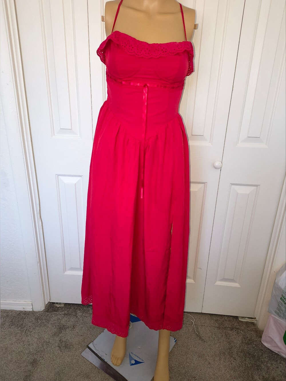 Women’s Red Cottagecore Eyelet Trim Sleeveless Sun Dress Maxi
